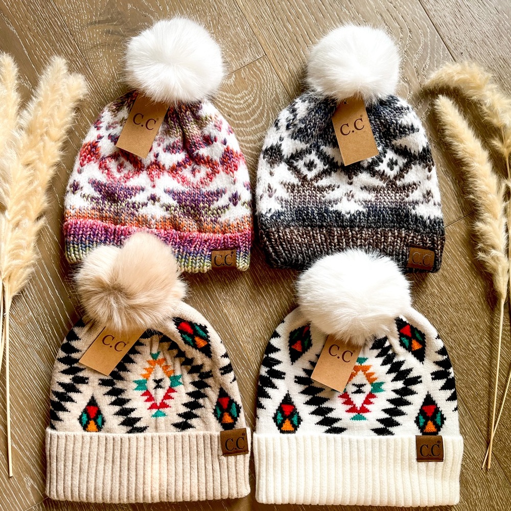 Womens C.C Exclusive Soft Aztec Southwest Pattern Beanie Hat With Faux Fur Pom🤎